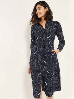 Joe Fresh Navy Printed Botanical Button Down Belted Shirt Dress Side Slits Small
